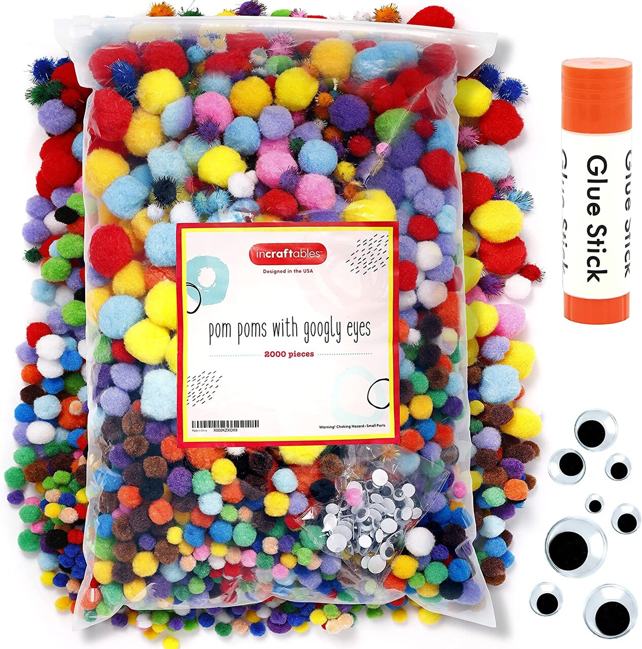 Incraftables 2000 Pcs Pom Poms with Googly Eyes & Glue Stick. Best Colored & Glitter Cotton 0.4 to 1.4 inch Balls for DIY Craft, Hats & Decorations. Multicolor Puffy Pompom Gift Set for Kids & Adults